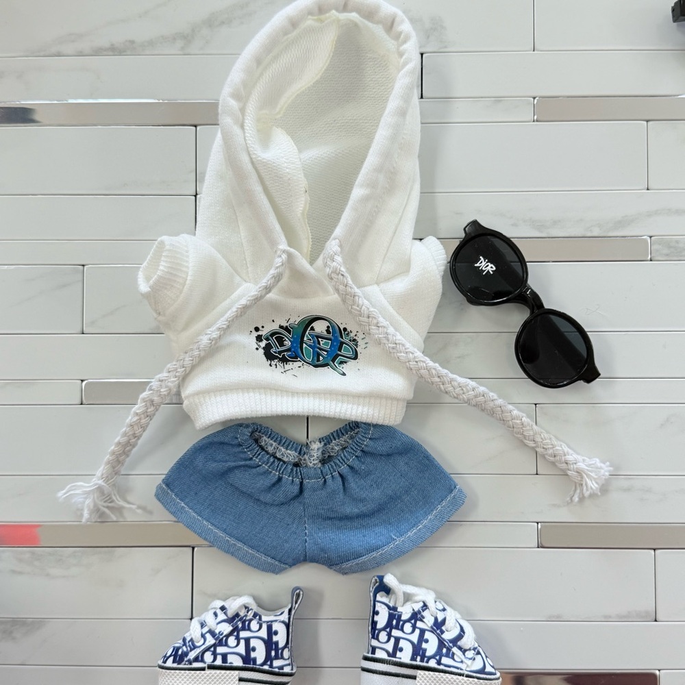 Stylish White Hoodie Doll Outfit with Blue Accessories